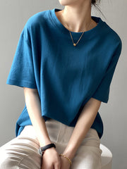 Women Loose Slim Round Neck Solid Color T-Shirt