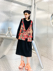 Two Pieces Solid Loose Midi Dress And Printed Vest