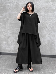 Urban Solid Round-Neck T-Shirt&Wide Leg Pants Suits
