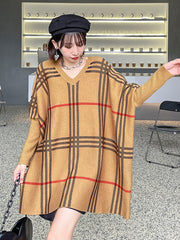 Retro Plaid Bat Sleeve Loose Jacquard V-Neck Sweater