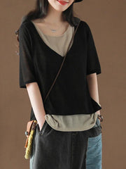 False Two Vintage Loose Half Sleeve V Neck T-Shirt