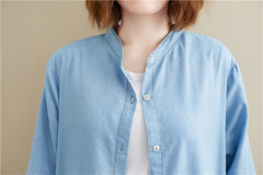 Casual Stand Collar Solid Denim Shirt Dress