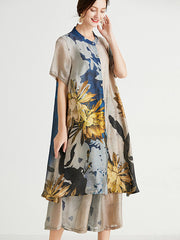 Artistic Retro Floral Stamped Buttoned Stand Collar Short Sleeves Blouse&Wide Legs Pants 2 Pieces Set