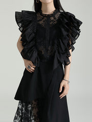 Flying Sleeves Gauze See-Through Split-Joint Round-Neck Blouses&Shirts Tops