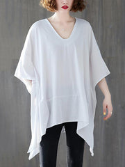 Loose Solid Color Cropped V-Neck Batwing Sleeve T-Shirt