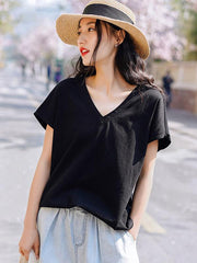 Simple Solid V-Neck T-Shirts Tops