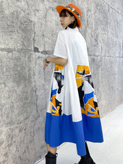 Loose Printed Lapel Short Sleeves Maxi Dress