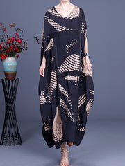 Retro Print Round Neck Irregular Loose Casual Dress
