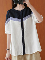 Artistic Color-Block Round-Neck Blouse Tops