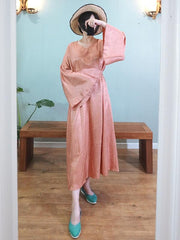 Tencel Flared Sleeves V-neck Lace-up Long Dress