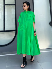 Original Roomy Pure Color Pleated Shirt Dress Midi Dress