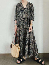 Vintage Print Deep V-Neck Casual Maxi Dress