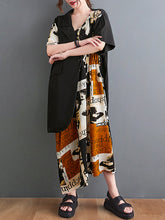 Printed Contrast Color V-Neck Stitching Irregular Dress