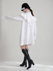 Retro Solid Ruffle Pleated Shirt Dress