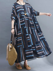 Retro Round Neck Short Sleeve Loose Striped Dress