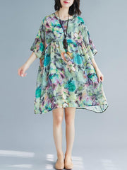Two-Pieces Loose Floral Round Neck Dress And Suspender Suit