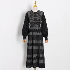Women Round Neck Lantern Sleeve Hollow Dress