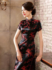 Black Red-flower Print Split-side Long Cheongsam