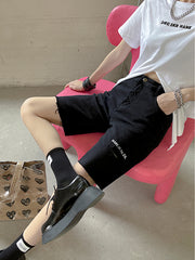 Straight High Waist Slim Letter Embroidered Hole Shorts