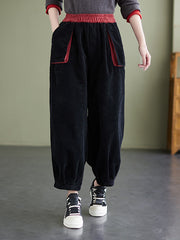Retro Solid Color Corduroy Pants With Big Pocket