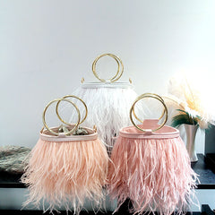 Ostrich Fur Tassel Metal Circle Handbag