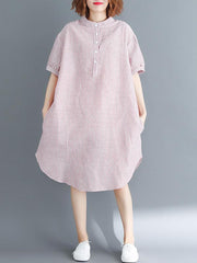 Loose Ramie Cotton Striped Shirt Dress