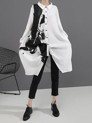 Loose Printed Lapel Mid-Length Shirt
