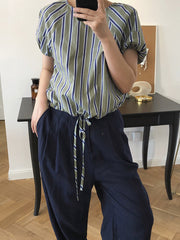 Round Neck Vertical Stripes Puff Sleeve Short Sleeve  Blouses T-Shirts Top