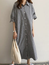 Women Lapel Plaid Print Casual Dress