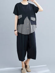 Women Casual Plaid Irregular Stitching Short Sleeve T-Shirt Pants Suit