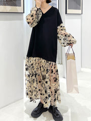 V-Neck Floral Split-Joint Long Sleeves Maxi Dress