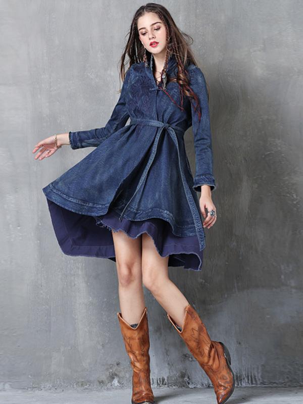 Embroidered Cropped Belted Jean Coat