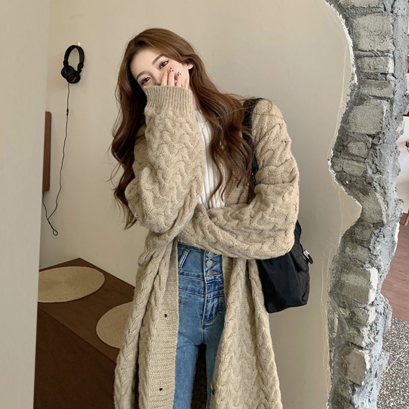 Loose Twist Knitted Long Sweater Cardigan