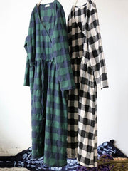 Loose Irregular Lace-up Plaid Long Dress