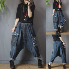 Printed Denim Pocket Loose-Fitting Jeans Pants