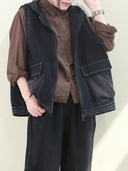 Solid Casual Hooded Denim Vest