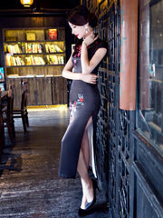 Black Floral Side Split Long Cheongsam