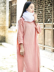 Pink Long Sleeves Ramie Cotton Long Dress