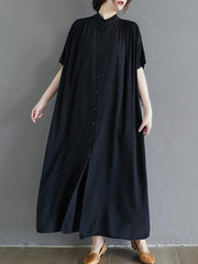 Solid Color Loose Dress Stand Collar Maxi Dress