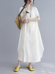 Women Round Neck Solid Color Loose Casual Dress