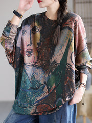 Retro Literary Casual Round Neck Print Top
