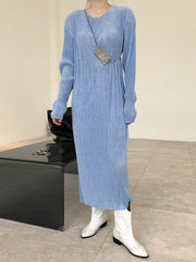 Solid Round-Neck Long Sleeves Dress
