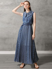 Original Polka-dot Pleated Belted Long Dress