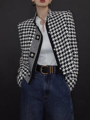 Stylish Long Sleeves Loose Houndstooth Stand Collar Jackets
