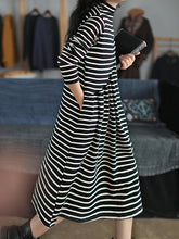Striped High Neck Literary Loose Thick Midi Dress