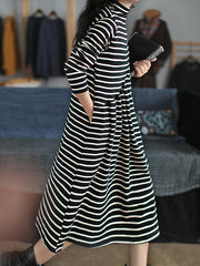 Striped High Neck Literary Loose Thick Midi Dress