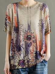 Printed Simple Knitted Loose Hollow T-Shirt