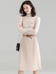 Splicing Pleated Solid Color Knitting Sweater Dress