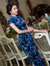 Blue Flower&Leaves Long Cheongsam Dress
