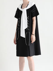 Clash French Lace Dress With Navy Neckline And Short Sleeves